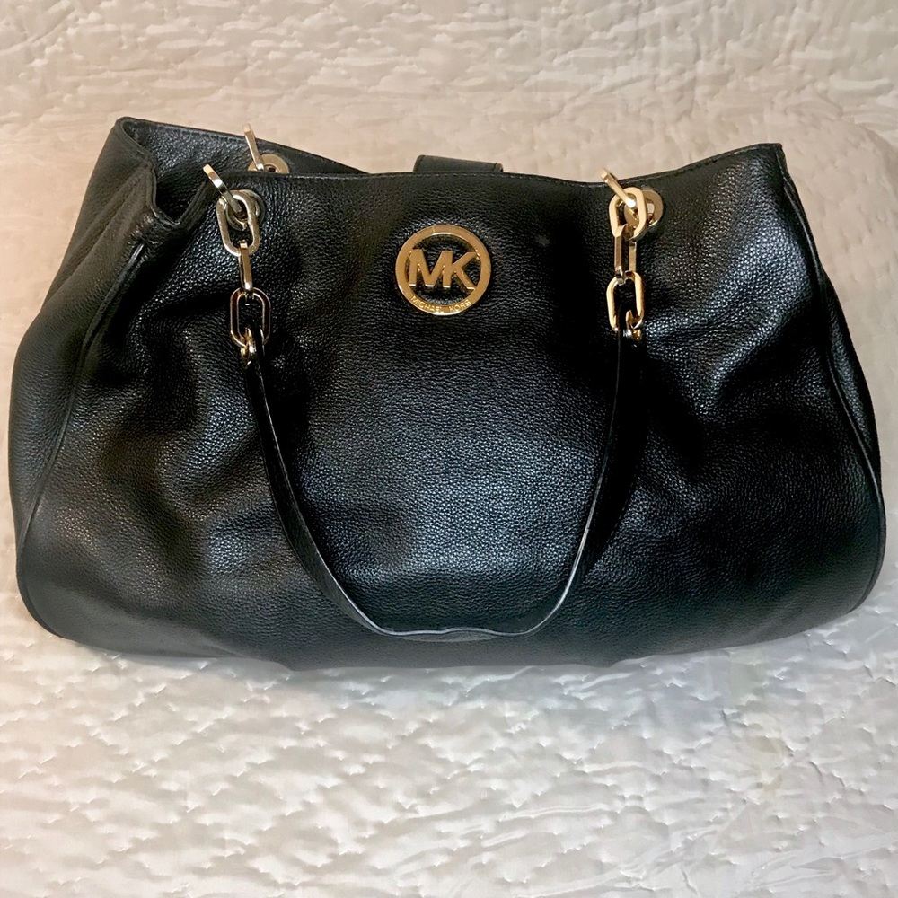 AUTHENTIC MK black leather handbag w gold accents
